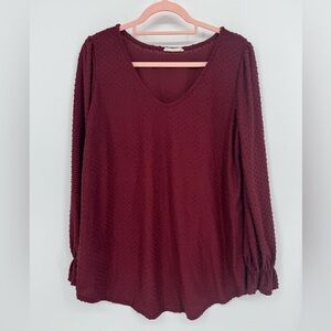 REB. In J. 220 Deep Red V-Neck Long Sleeve Blouse with Textured Dots Size Large